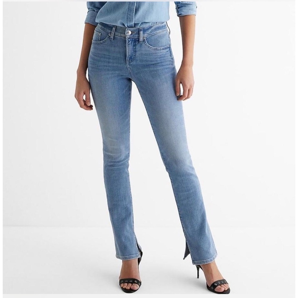 Express Skyscraper Mid Rise Hyper Stretch Flare Jeans‎ Blue Split Hem 6R NEW